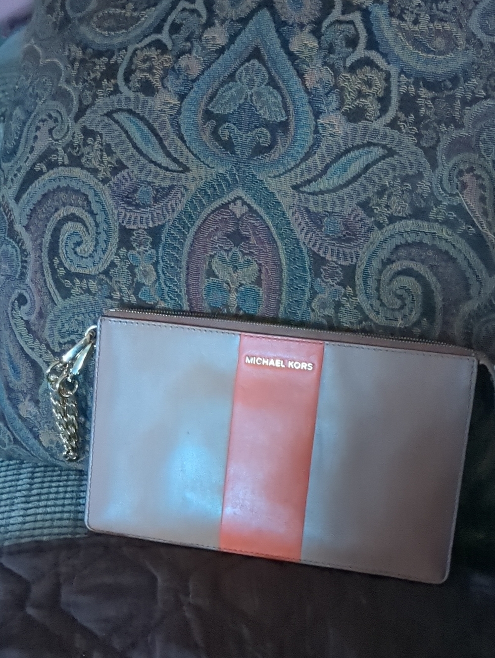 Michael Kors Taupe and Coral Leather Wristlet Clutch